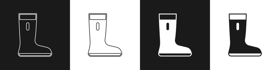 Set Waterproof rubber boot icon isolated on black and white background. Gumboots for rainy weather, fishing, gardening. Vector