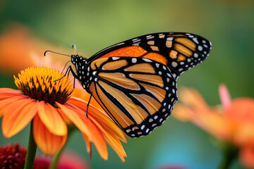 Obraz premium Orange monarch butterfly on the flower on blurred background