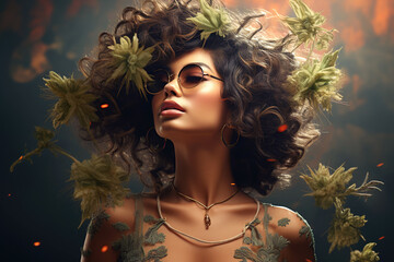 portrait of a girl with marijuana cannabis leaves. Concept of medical use of ganja and relaxation - obrazy, fototapety, plakaty