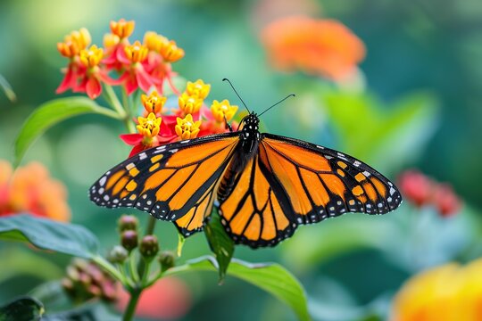 Orange monarch butterfly on the flower on blurred background