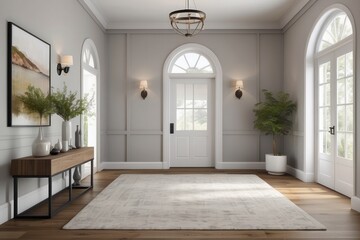 foyer and entryway in new home with hardwood floors, couch, lamp