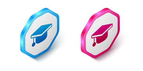 Isometric Graduation cap icon isolated on white background. Graduation hat with tassel icon. Hexagon button. Vector