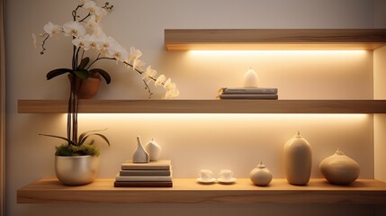 Floating shelves and soft lighting for a serene ambiance.