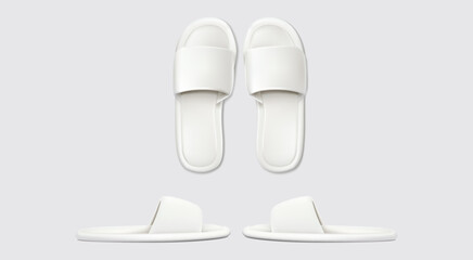 White slippers top and side view. Flip flops for home, spa salon or hotel isolated on transparent background. Bathroom or beach rubber shoes mockup, blank footwear, Realistic 3d vector.
