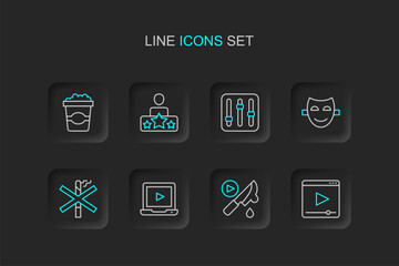 Fototapeta premium Set line Online play video, Thriller movie, No smoking, Comedy theatrical mask, Sound mixer controller, Actor star and Popcorn cardboard box icon. Vector