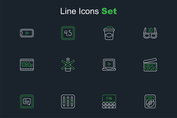 Set line CD disk award in frame, Cinema auditorium with screen, Sound mixer controller, Video subtitles, Movie clapper, Online play video, No alcohol and Full HD 1080p icon. Vector