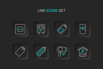 Set line Smart home, Hair dryer, Electric extension, Battery charge, Refrigerator, Electrical panel and outlet icon. Vector