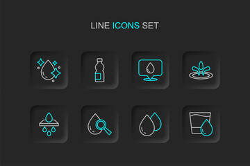 Set line Glass with water, Water drop, Drop and magnifying glass, filter cartridge, location, Bottle of and icon. Vector