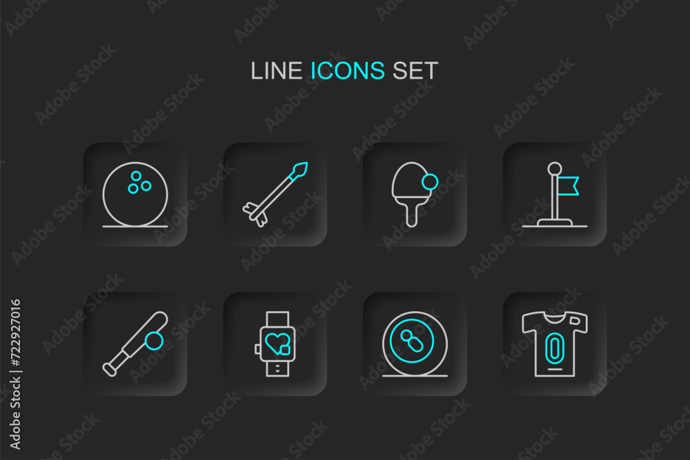 Canvas Prints Set line Football jersey and t-shirt, Billiard pool snooker, Smart watch with heart, Baseball bat, Flag, Racket, Medieval arrows and Bowling icon. Vector