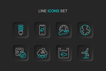 Set line Wind turbine, Shopping bag with recycle, Acid rain radioactive cloud, Electrical outlet, Earth globe, Hand holding, Mobile phone leaf and LED light bulb icon. Vector