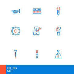 Set line Balalaika, Audio jack, Clarinet, Guitar neck, Stereo speaker, Metronome with pendulum, Microphone and Music synthesizer icon. Vector