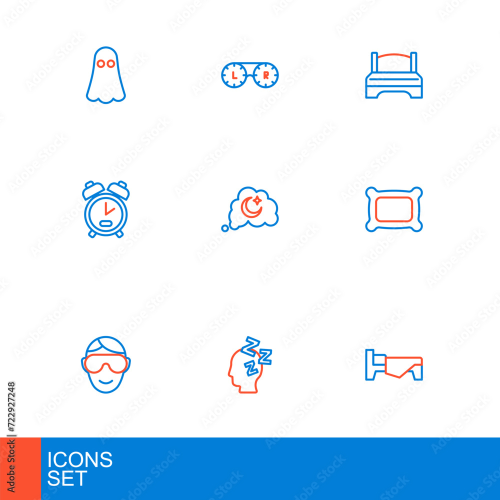 Poster Set line Bed, Dreams, Eye sleep mask, Pillow, Alarm clock, Big bed and Contact lens container icon. Vector