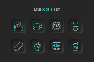 Set line Sleeping pill, Sleepy, Dreams, Table lamp, Alarm clock, Sheep and Pillow icon. Vector