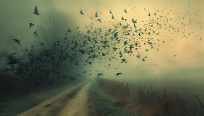 Migration of black birds against the backdrop of a foggy road. World Migratory Bird Day