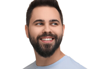 Obraz premium Man with clean teeth smiling on white background