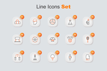 Set line Boxing glove, Smart watch with heart, Racket, Chess, Jump rope, Tennis racket, Medal and Kimono icon. Vector