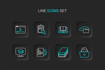 Fototapeta premium Set line Student working at laptop, Book, Exam sheet with A plus grade, Graduation cap speech bubble, Cloud online library, Online class, quiz, test, survey and play video icon. Vector