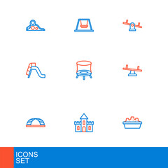 Set line Sandbox with sand, castle, Monkey bar, Seesaw, Slide playground, Jumping trampoline, and Ferris wheel icon. Vector
