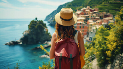 Young woman traveler with backpack and hat enjoying view of Cinque Terre, Italy