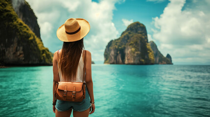 Fototapeta na wymiar Young woman traveler in hat and shorts with backpack looking at beautiful tropical island on background.