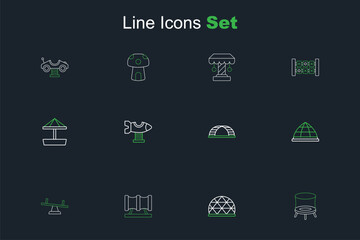 Set line Jumping trampoline, Playground climbing equipment, Kid playground slide pipe, Seesaw, Monkey bar, Swing plane and Sandbox with sand icon. Vector