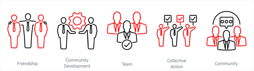 A set of 5 Community icons as friendship, community development, team