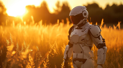 Tech Harmony: Robotic Explorer Amidst Evening Fields