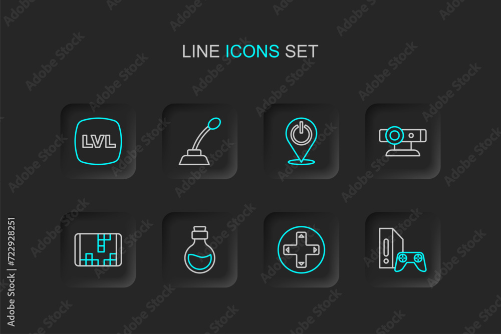 Poster set line game console with joystick, controller or, bottle magic elixir, portable video game, web ca