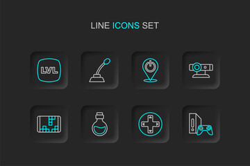 Set line Game console with joystick, controller or, Bottle magic elixir, Portable video game, Web camera, Power button, Microphone and Level icon. Vector