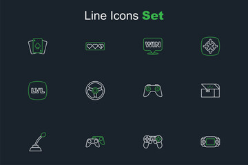 Set line Portable video game console, Game controller joystick, Microphone, Chest for, Racing simulator and Level icon. Vector