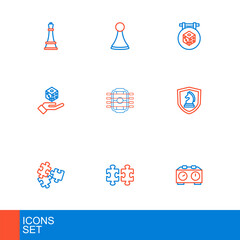 Set line Time chess clock, Puzzle pieces toy, Chess, Game dice, Table football, and Chip for board game icon. Vector