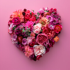 Heart shaped heart with lots of flowers arranged on pink, in the style of minimal compositions.