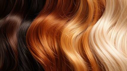 Closeup hair. Different types and colors of hair. Blonde, brunette, red, black, auburn colors. - obrazy, fototapety, plakaty