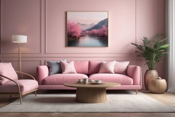 Pink sofa with patterned pillows and wooden coffee table with armchair and painting in the background in a modern living room