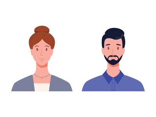 Portrait of man and woman, front view. Modern flat vector illustration isolated on white background
