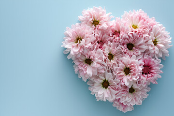 Heart shaped pink flower bouquet on a blue background, in the style of unique framing and composition.