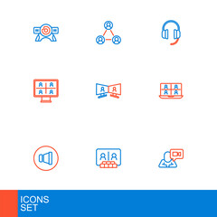 Set line Video chat conference, Speaker volume, Headphones and Meeting icon. Vector
