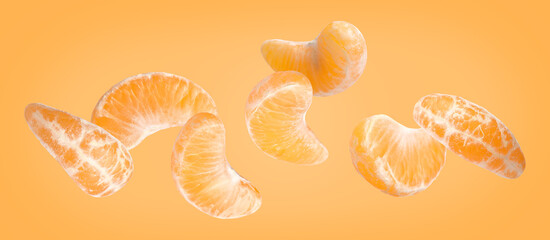 Pieces of fresh ripe tangerine falling on orange background, banner design