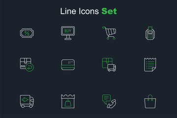 Set line Paper shopping bag, Telephone 24 hours support, Shopping day, Delivery cargo truck, Wish list template, Credit card and Return cardboard box icon. Vector