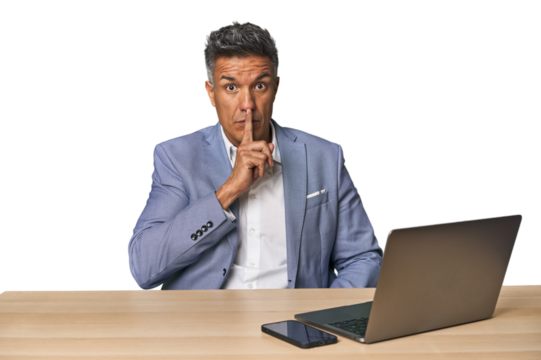 Elegant businessman at desk with laptop keeping a secret or asking for silence. - Powered by Adobe