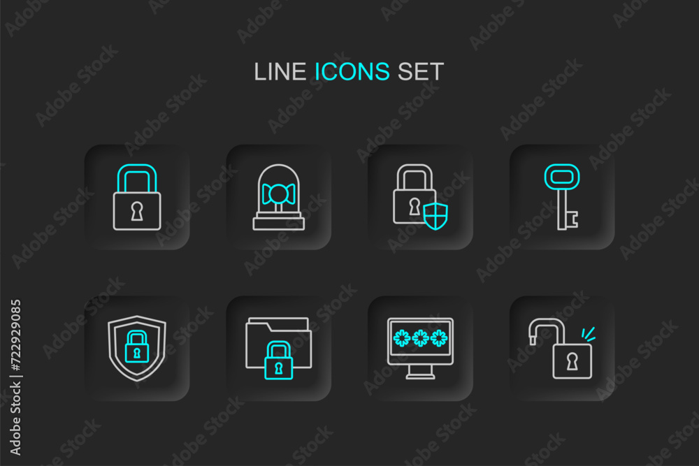 Poster Set line Open padlock, Monitor with password, Folder and, Shield security, Old key, Ringing alarm bell and Lock icon. Vector