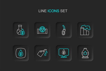 Set line Oil tank storage, drop with dollar symbol, Canister for motor machine oil, and gas industrial factory, Gasoline pump nozzle, pipe valve and petrol test tube icon. Vector