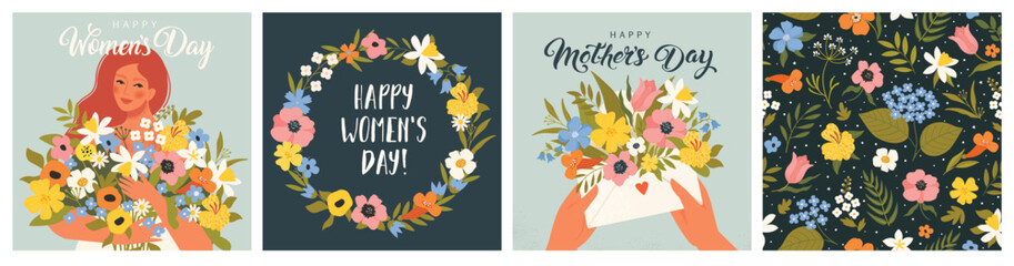 Happy Women's Day March 8! Cute cards and posters for the spring holiday. Vector illustration of a date, a women and a bouquet of flowers! - obrazy, fototapety, plakaty