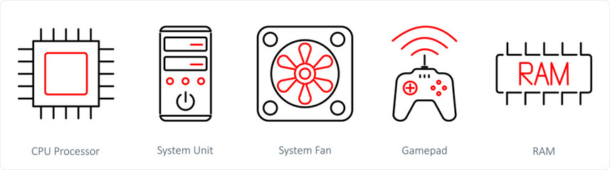 A set of 5 Computer Parts icons as cpu processor, system unit, system fan