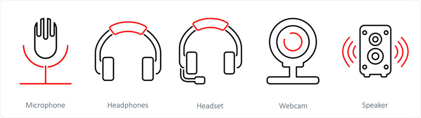 A set of 5 Computer Parts icons as microphone, heaphones, headset