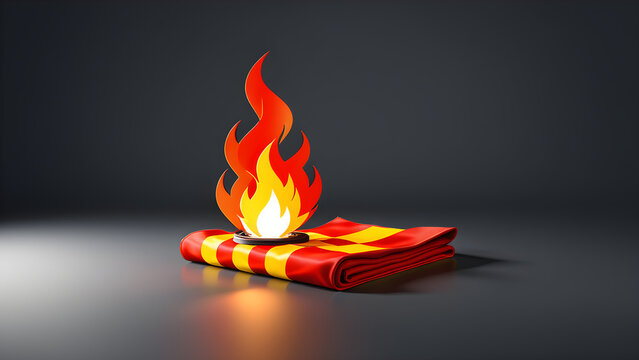 black fire safety blanket burning. Fire Rescue blanket icon symbol. 3d fire safety symbol on a red background