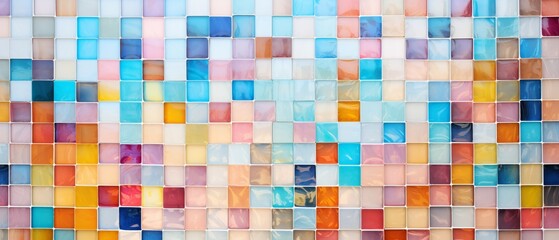 Abstract grunge glass mosaic: white & colorful square tiles background
