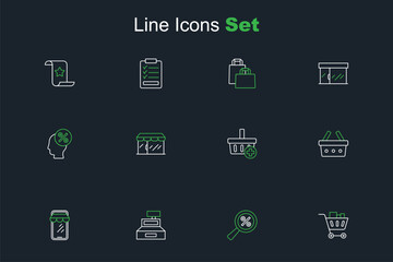 Set line Shopping cart and food, Magnifying glass with percent, Cash register machine, Online shopping on phone, basket, Add to, Market store and Discount tag icon. Vector