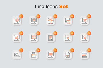 Set line Decree, parchment, scroll, PDF file document, Books about programming, Inkwell, Open book, User manual and E-Book reader icon. Vector