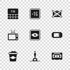 Set Movie trophy, Cinema ticket, VHS video cassette tape, Rating movie, Prohibition no recording, auditorium with screen, Plus 16 and Retro tv icon. Vector